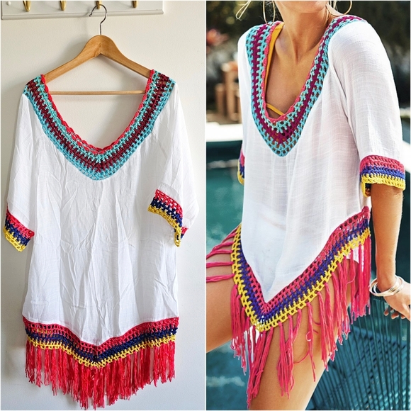 Cupshe Other - Cupshe White Crochet Tassel Beach Cover Up Tunic Boho Fringe Swim Coverup S/M